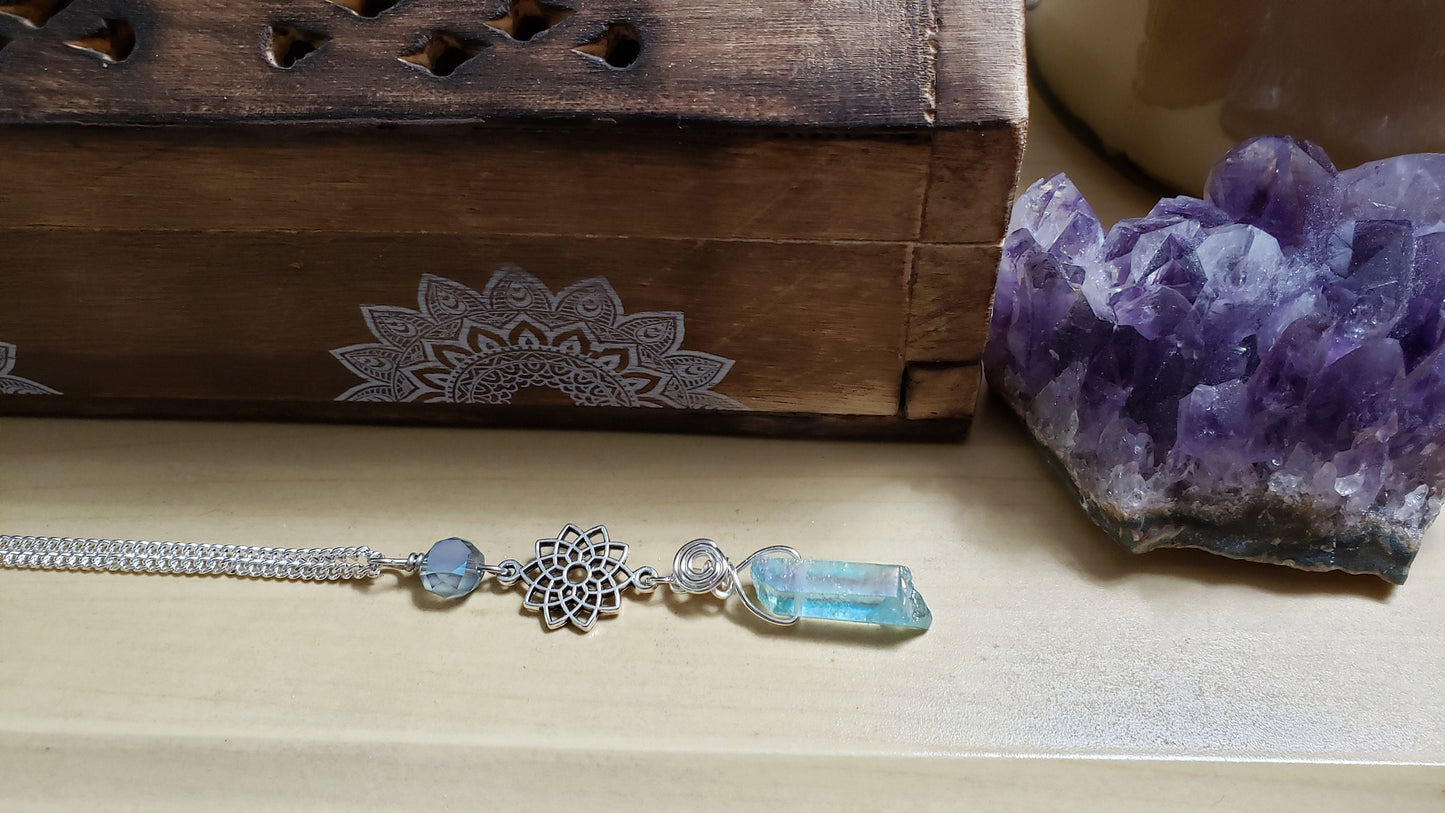 Handmade Green Blue Quartz Crystal Mandala Necklace Artisan Necklace