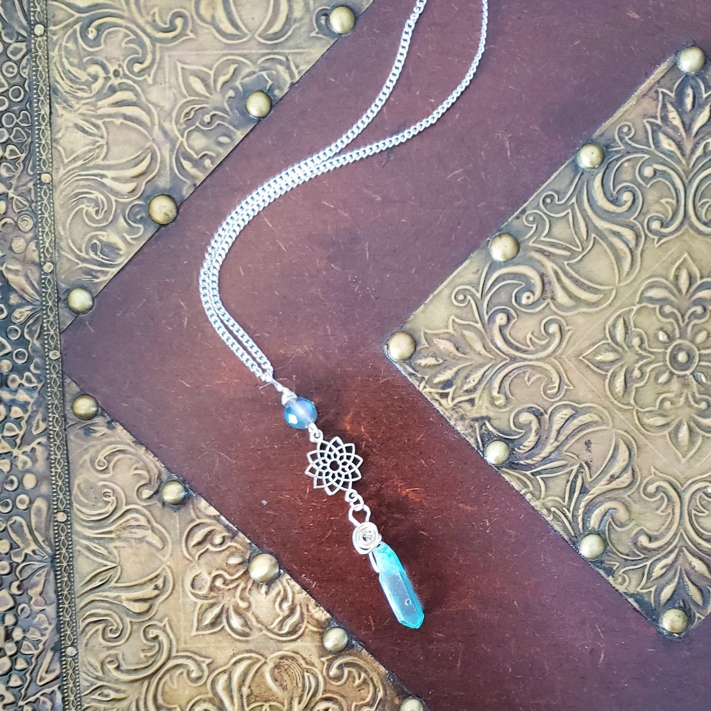 Handmade Green Blue Quartz Crystal Mandala Necklace Artisan Necklace