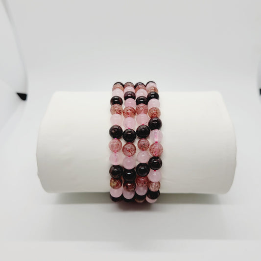 Rose Quartz, Strawberry Quartz, Garnet Mix Semi-Precious Stone Bracelets, Metaphysical, Reiki, Boho , Healing Stone Bracelet