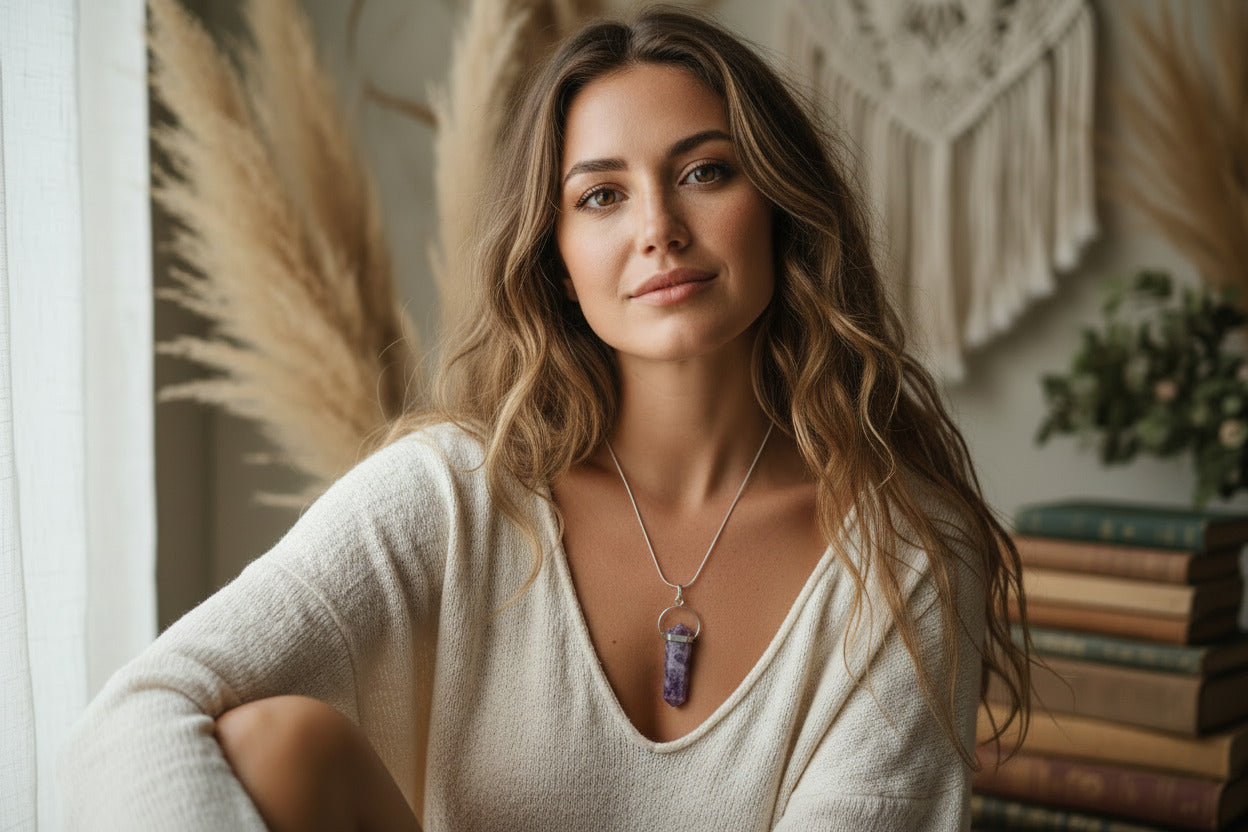 Lepidolite Crystal Point Necklace - Stone Pendant with Silver Bail