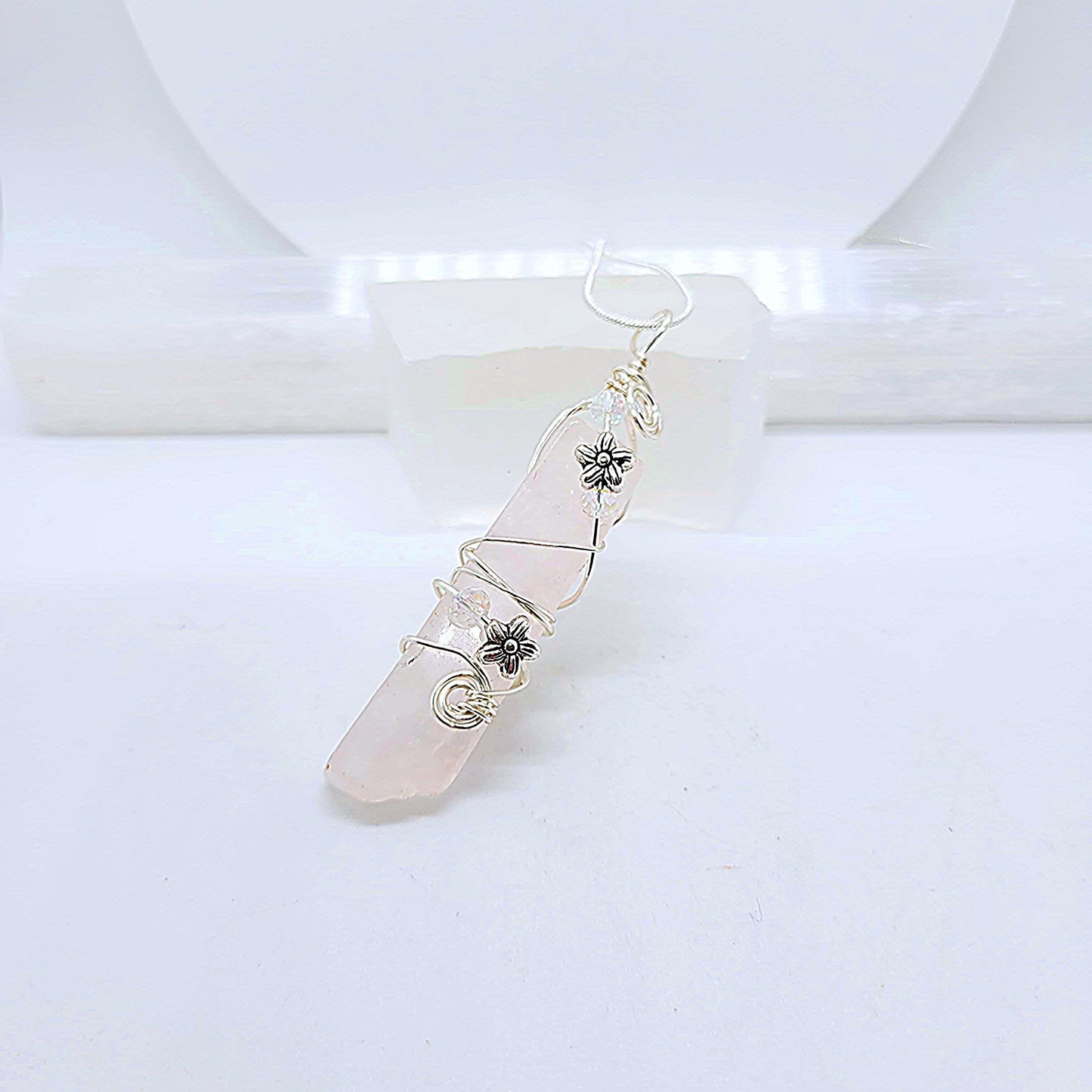 Rose Quartz Pendant – Wire Wrapped Necklace with Flower Charms