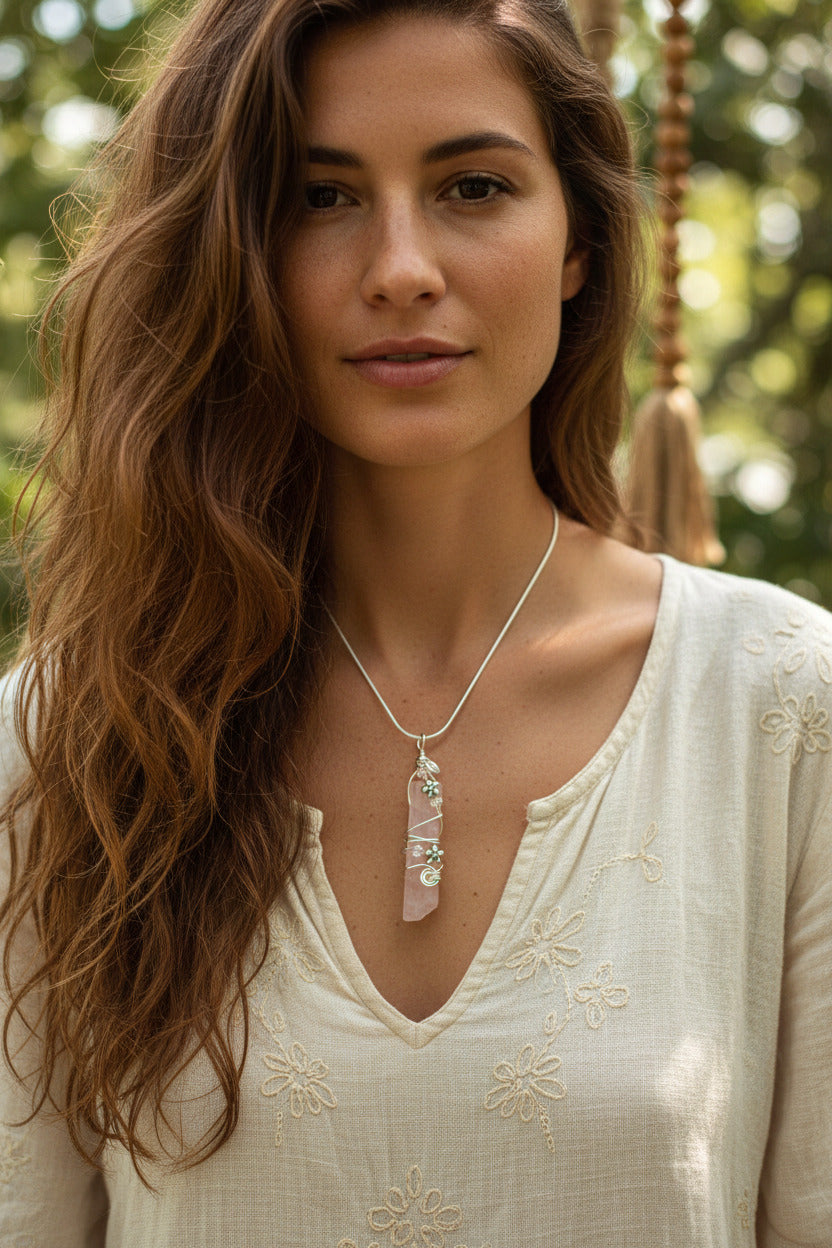 Rose Quartz Pendant – Wire Wrapped Necklace with Flower Charms