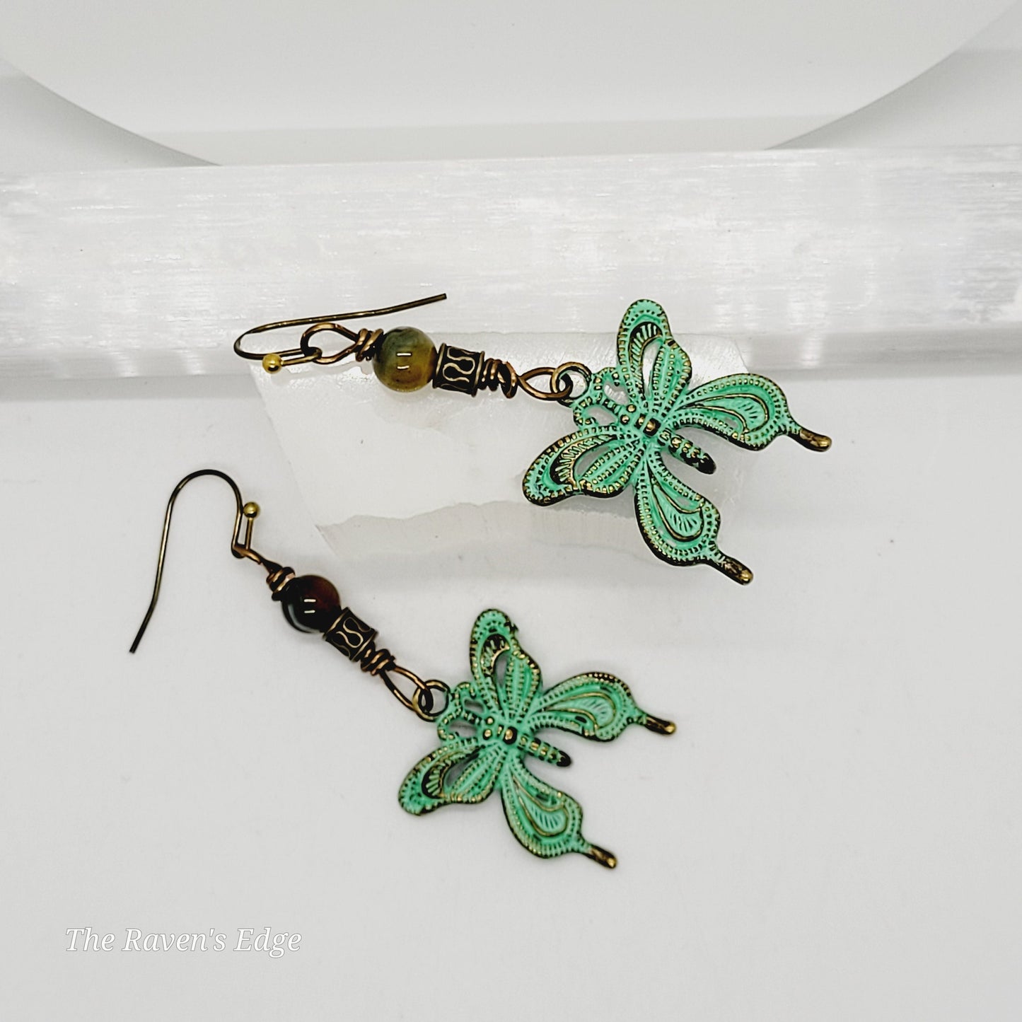 Verdigris Butterfly Earrings with Agate - Antique Bronze Handmade Earrings