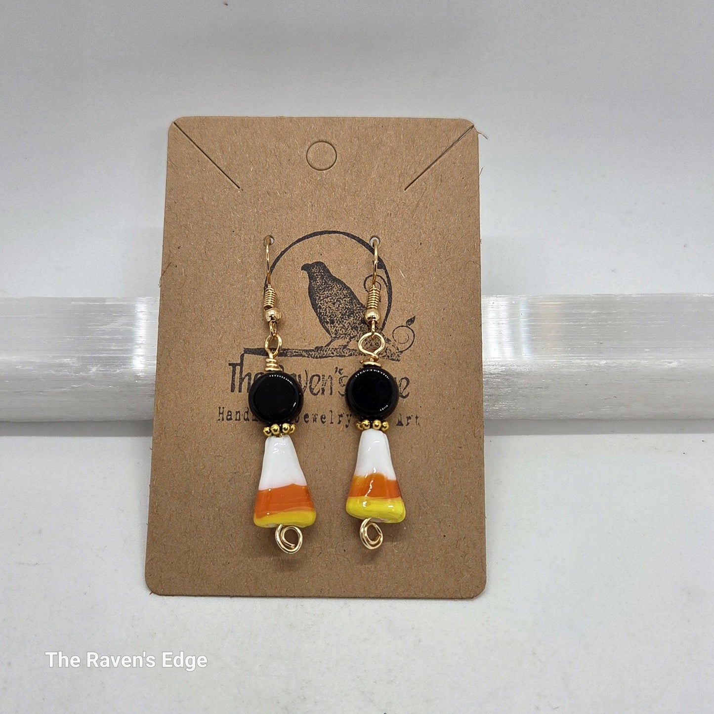 Handmade Candy Corn Earrings – Halloween Glass Bead Dangle Earrings in Black, Orange, and Yellow | Fall Jewelry by The Raven’s Edge
