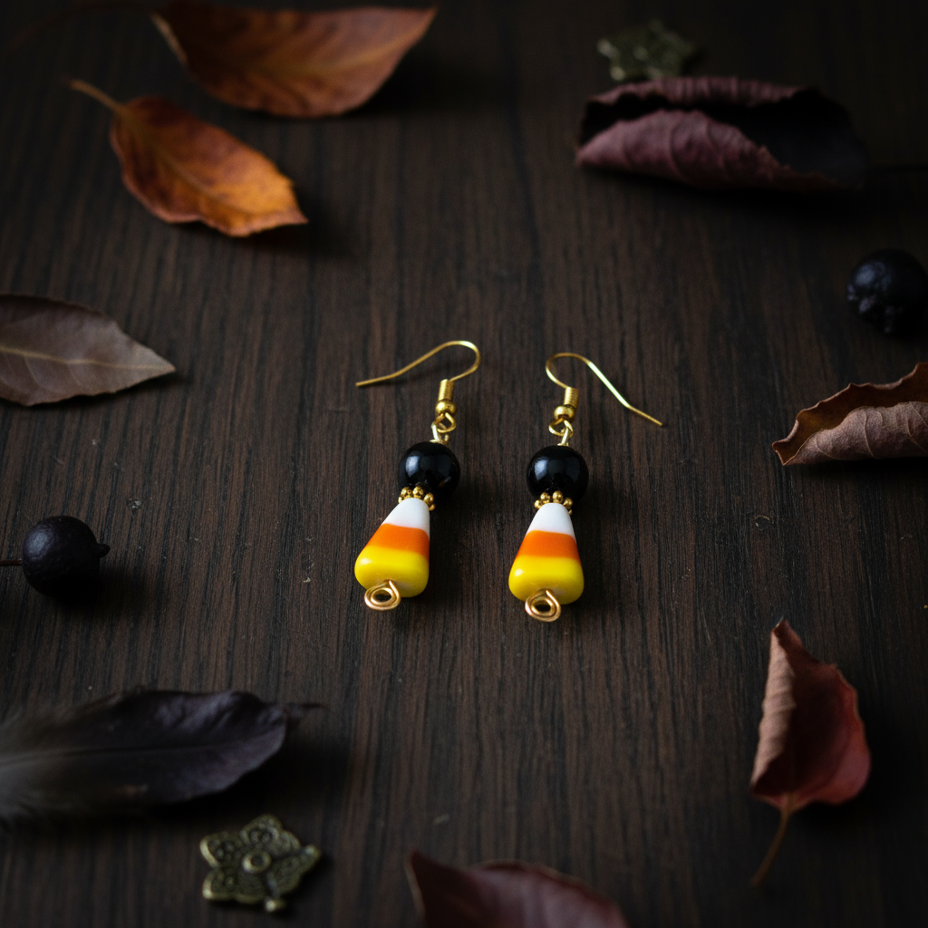 Handmade Candy Corn Earrings – Halloween Glass Bead Dangle Earrings in Black, Orange, and Yellow | Fall Jewelry by The Raven’s Edge