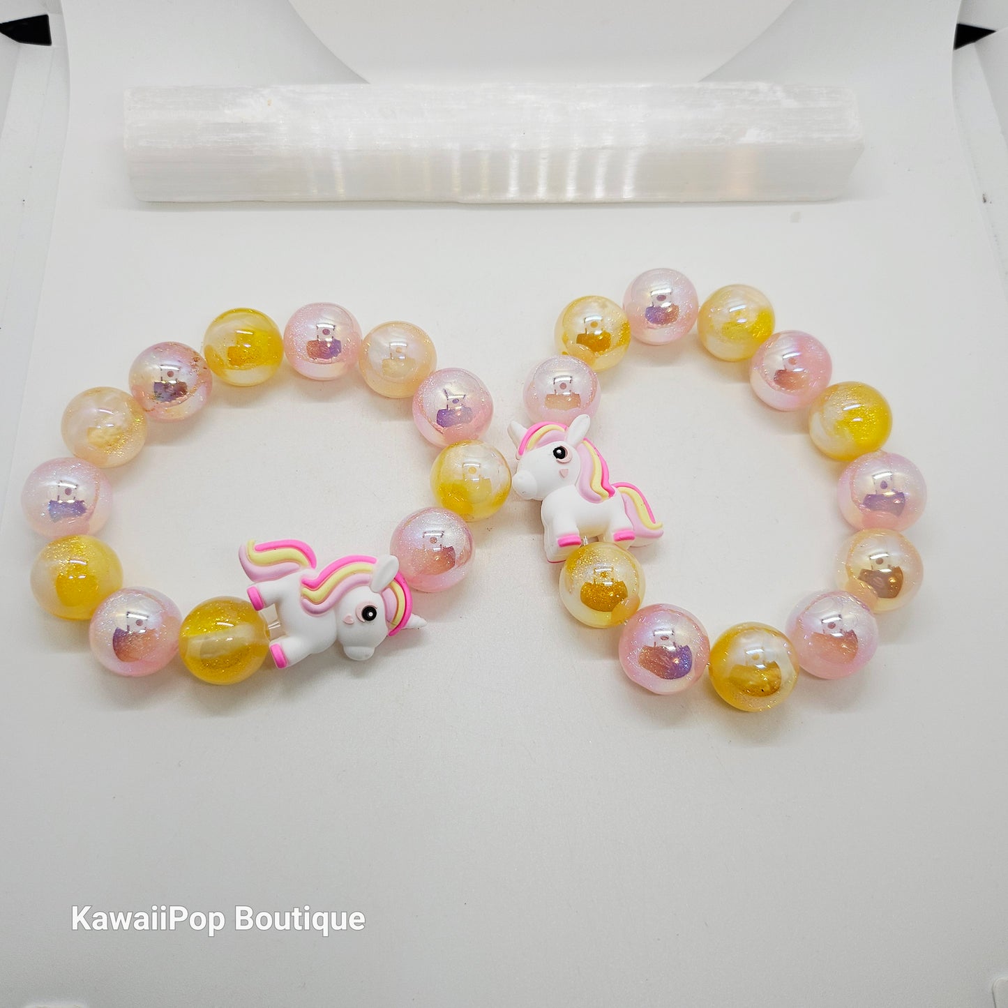 Pink & Yellow Sparkly Kawaii Unicorn Bracelet – Chunky Beaded Pastel Jewelry